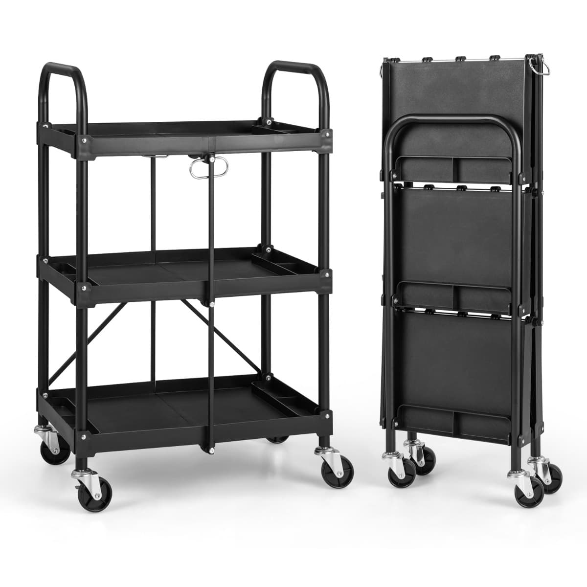 CostwayChariot à Outils Pliant à 3 Niveaux avec Roues Universelles 4 Rainures et Mains Courantes Servante d’Atelier Charge 45 kg